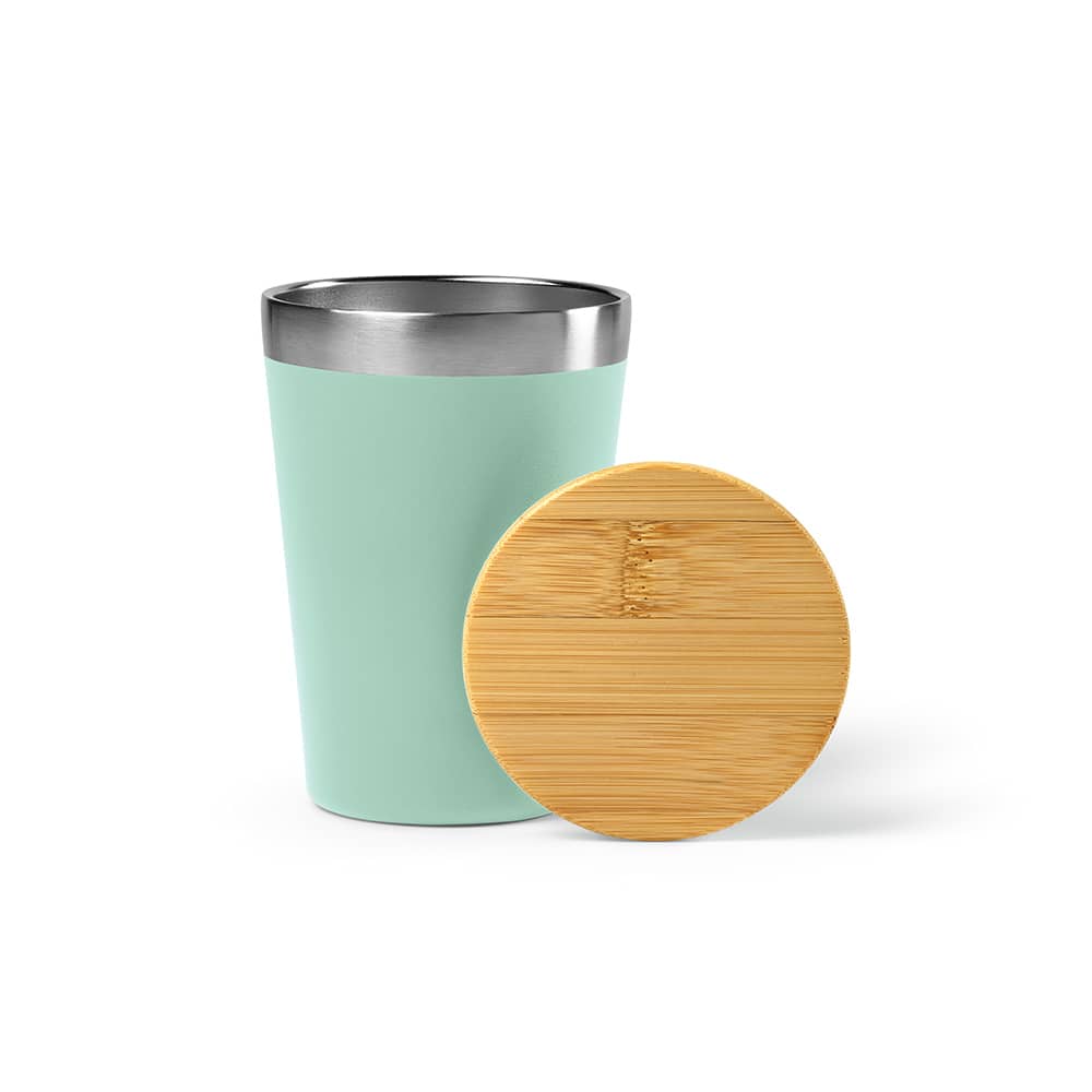 A drink bottle with a mint green double-wall body and a bamboo lid, featuring a logo.