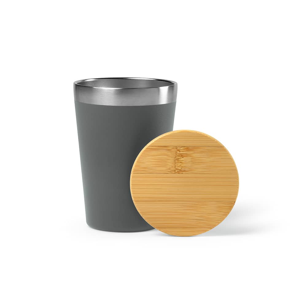 A drink bottle featuring a grey double-wall cup with a bamboo lid. The cup has a sleek design and a stainless steel rim.
