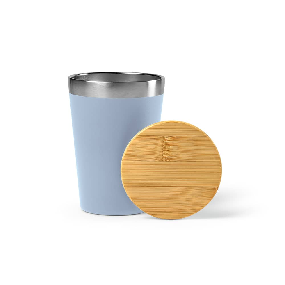 A drink bottle featuring a light blue double wall body and a bamboo lid, with a silver rim and logo.