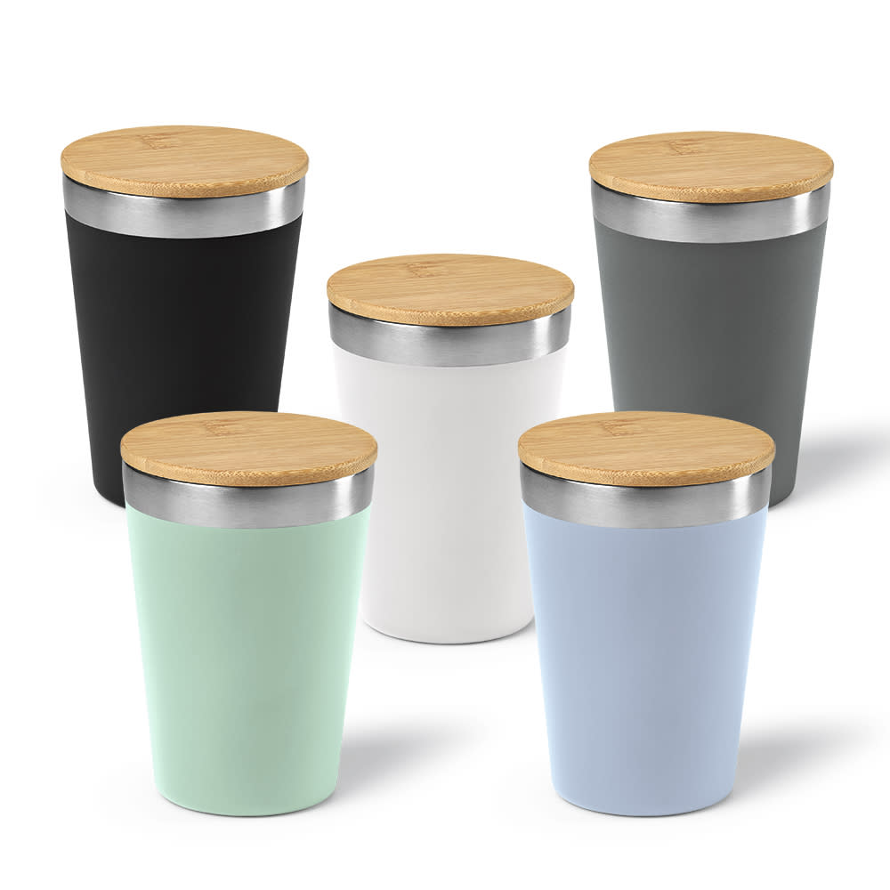 A drink bottle featuring double wall insulation and a bamboo lid, available in black, grey, white, mint green, and light blue.