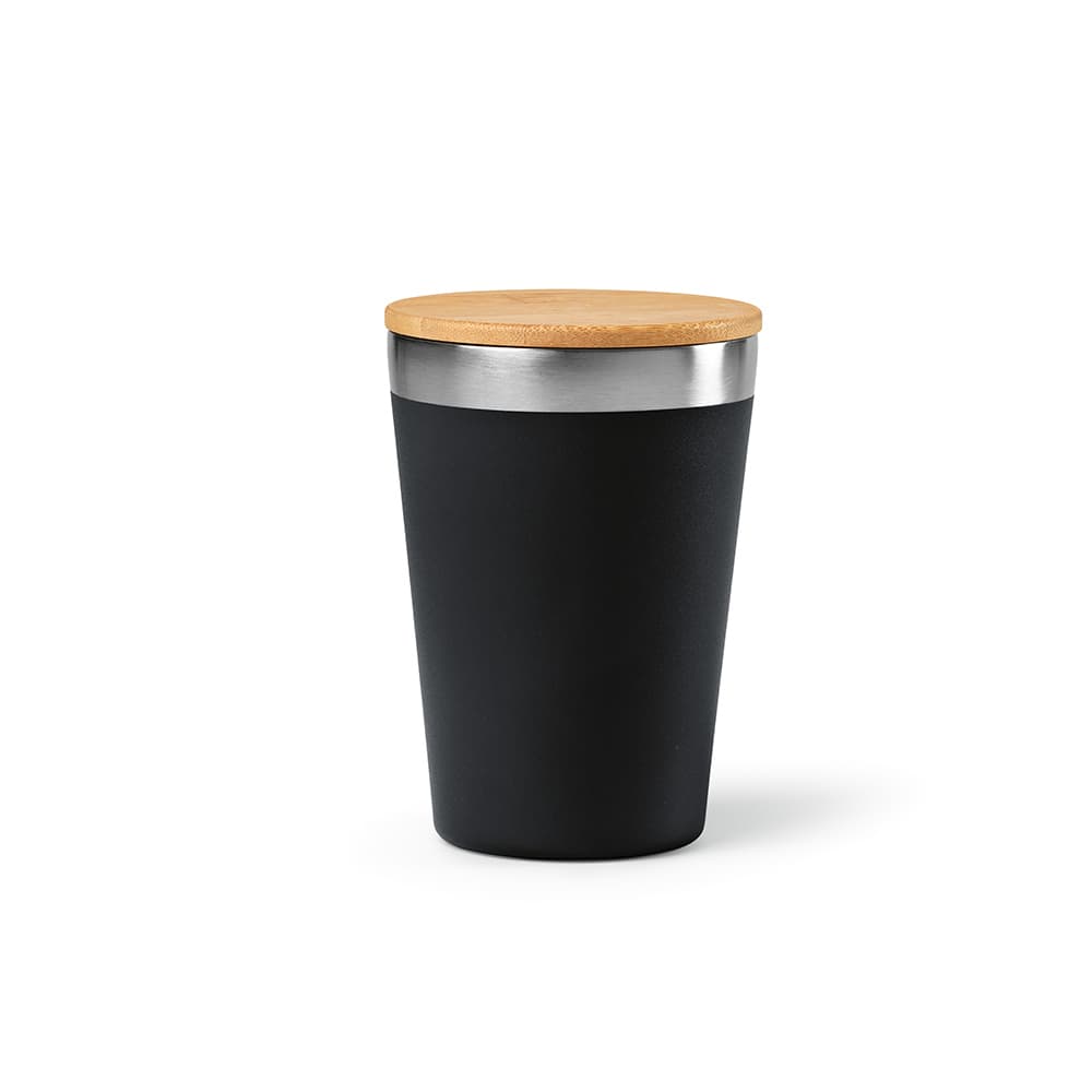 A drink bottle featuring a black exterior and a bamboo lid, with double wall insulation. Includes a logo.