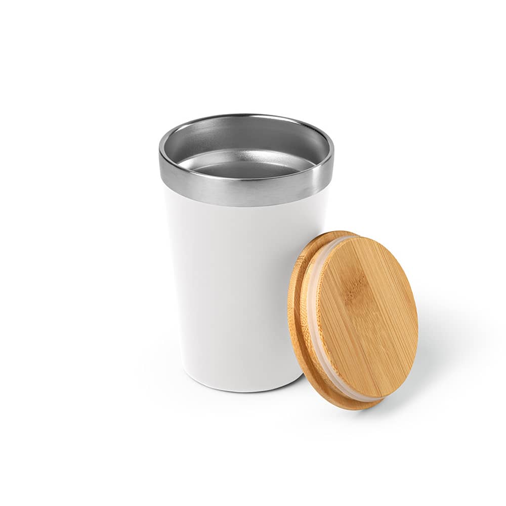 A drink bottle with a double wall design, featuring a white exterior and a bamboo lid. It has a metallic rim and holds 400ml.