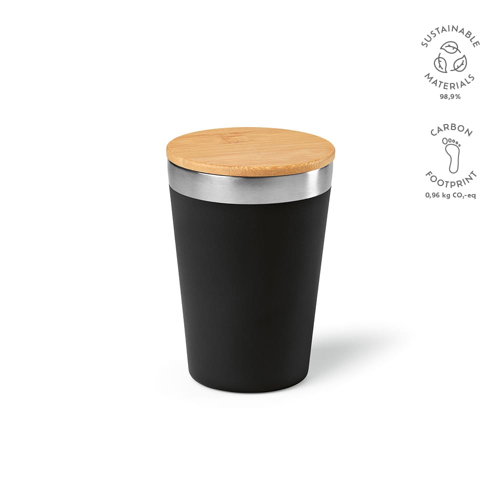 A drink bottle featuring a black double wall body and a bamboo lid, with a stainless steel band. Includes a logo.