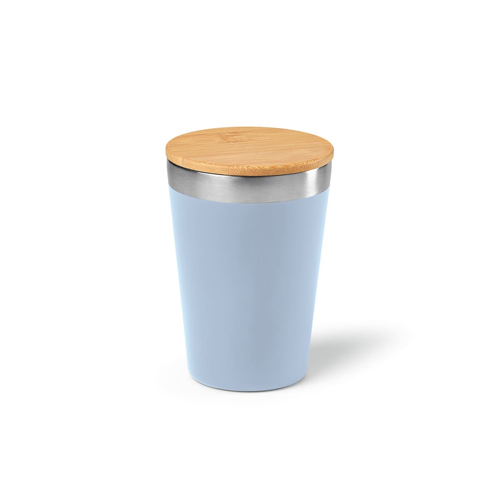 A drink bottle in light blue with a stainless steel band and bamboo lid, featuring a logo. Double-walled design.