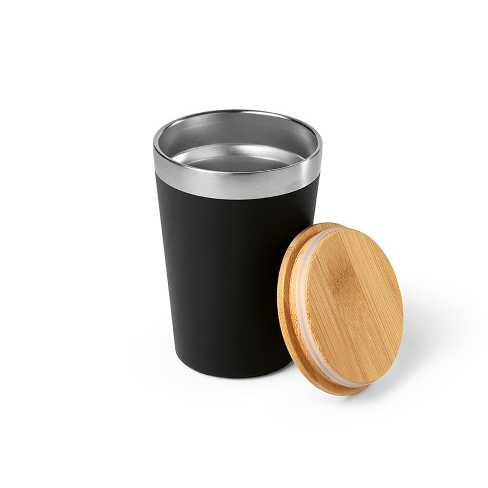 A drink bottle with a sleek black exterior, stainless steel interior, and a bamboo lid. It holds 400ml and features branding.