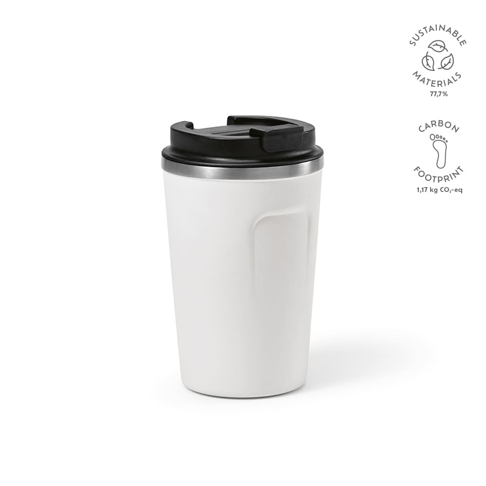 A drink bottle featuring a white body with a black lid, double wall design, and a logo.