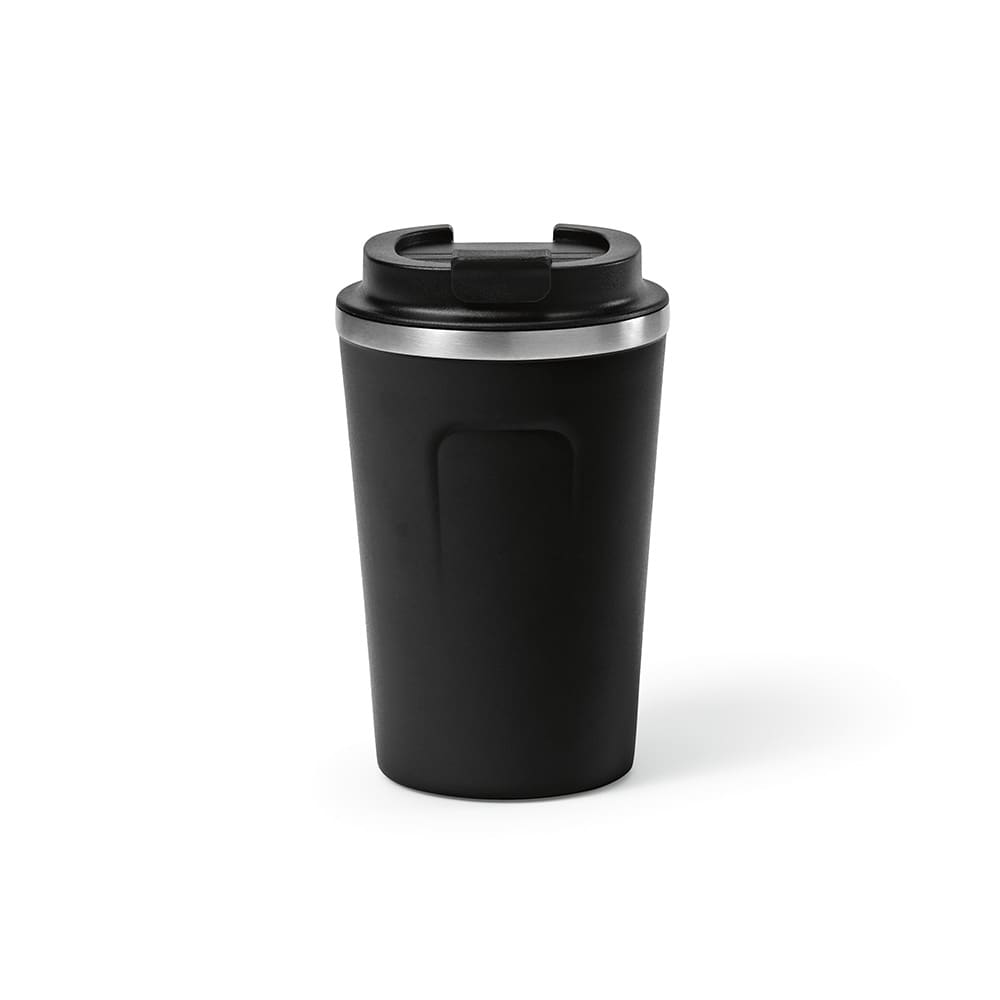 A drink bottle featuring a black double-walled design with a leakproof lid and a metallic trim. It has a logo.