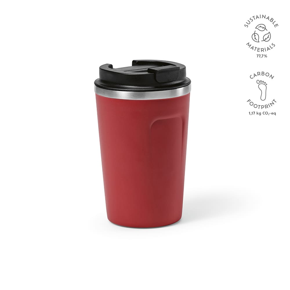 A drink bottle in red with a black lid, featuring a stainless steel band and a logo. Double wall and leakproof design.