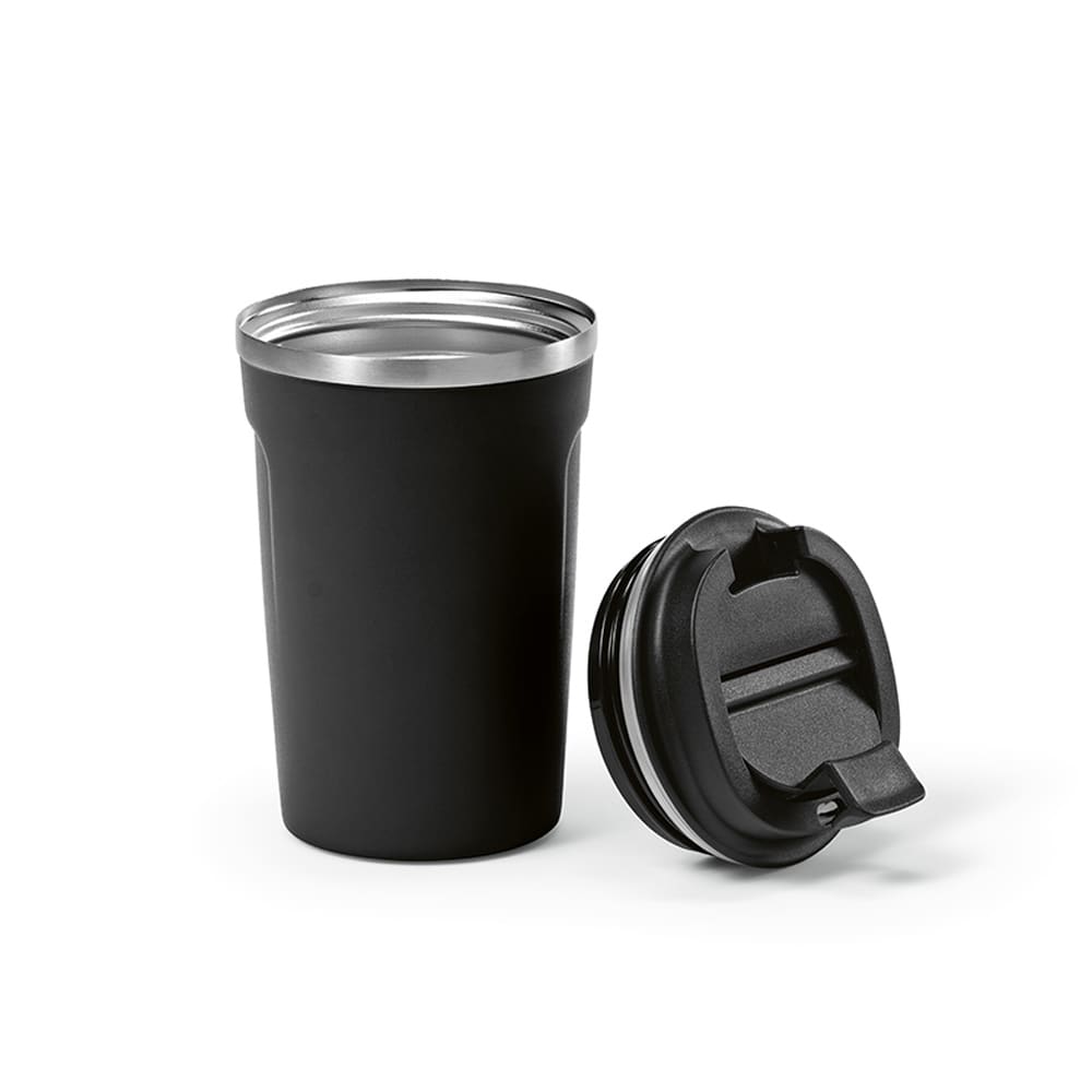 A drink bottle featuring a black double wall design with a stainless steel rim and a removable black lid.