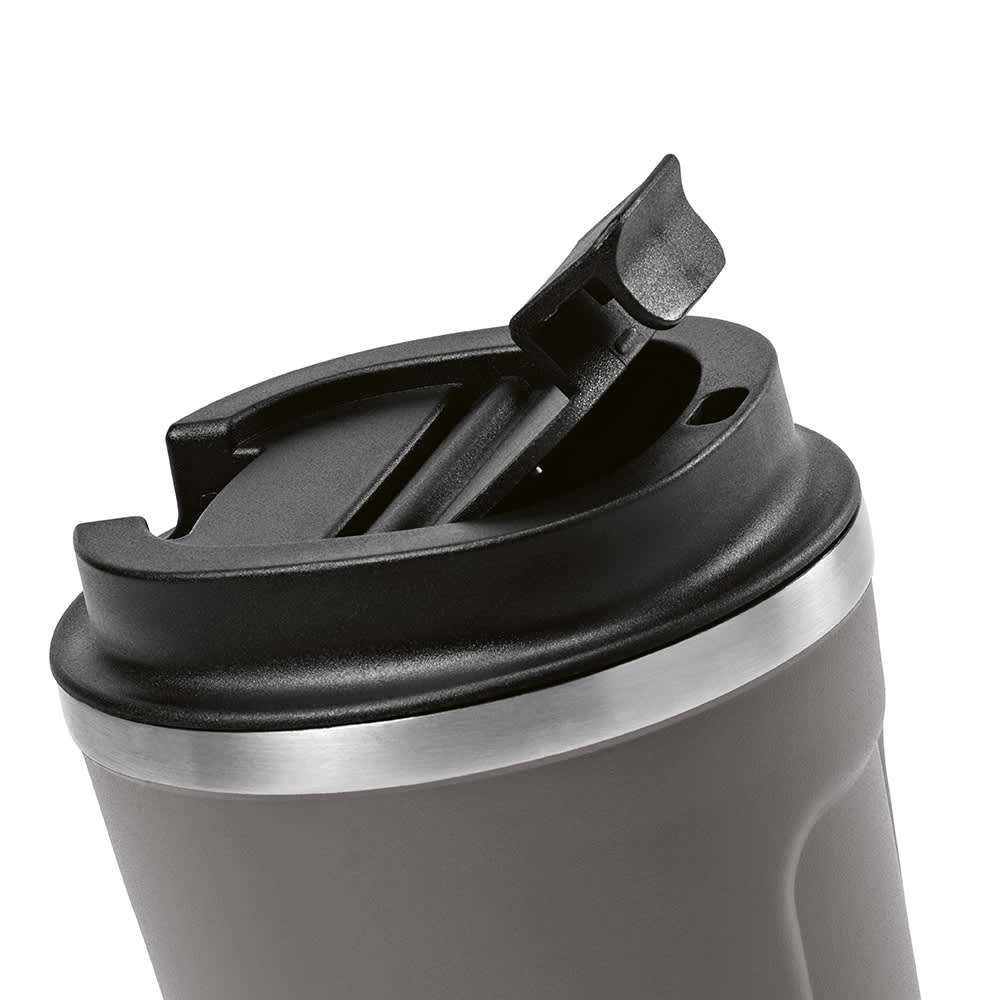 A drink bottle featuring a double wall design in grey with a black leakproof lid and a logo.