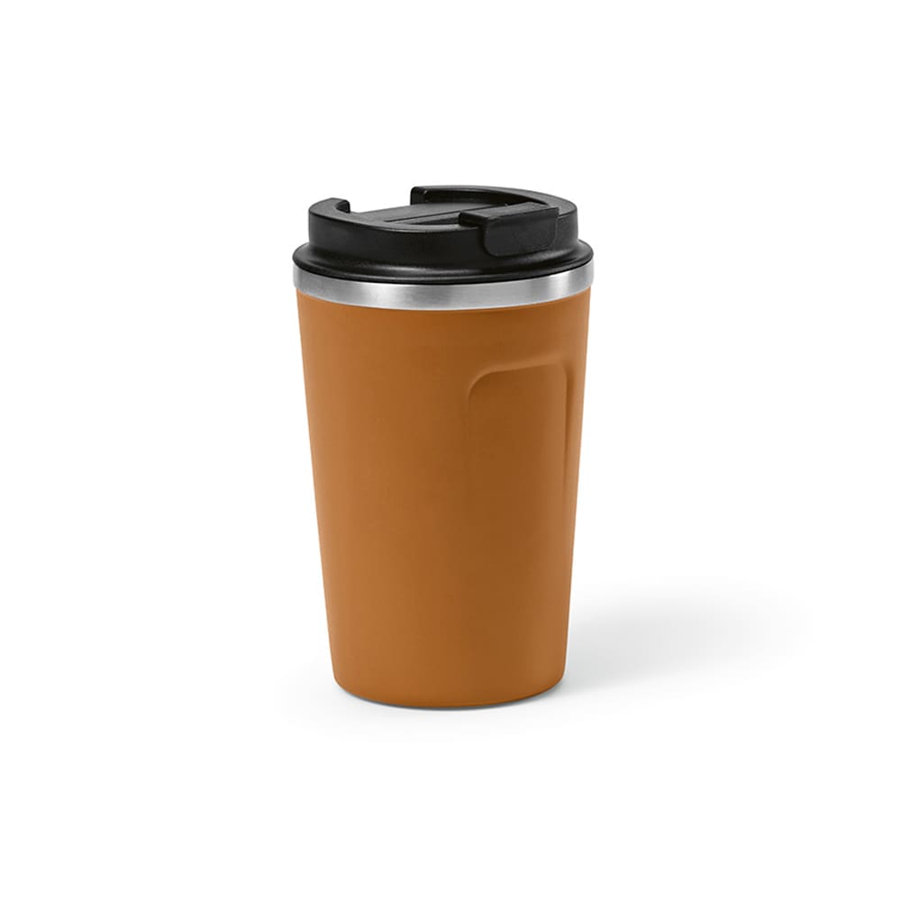 A drink bottle in a matte orange design with a black lid and a silver band. Features double wall insulation and a logo.