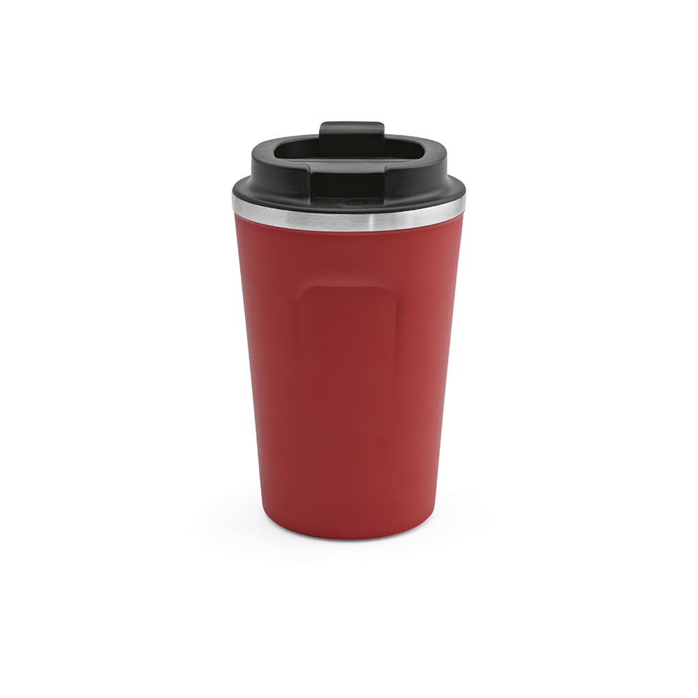 A drink bottle in red with a stainless steel rim and a black lid. It has a logo on the front.