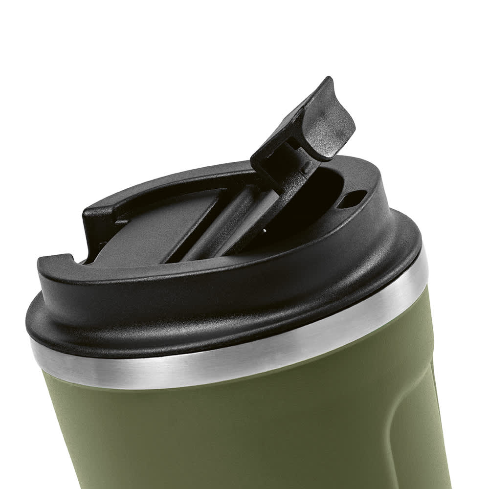 A drink bottle featuring a green double-wall design with a black leakproof lid and a silver rim.