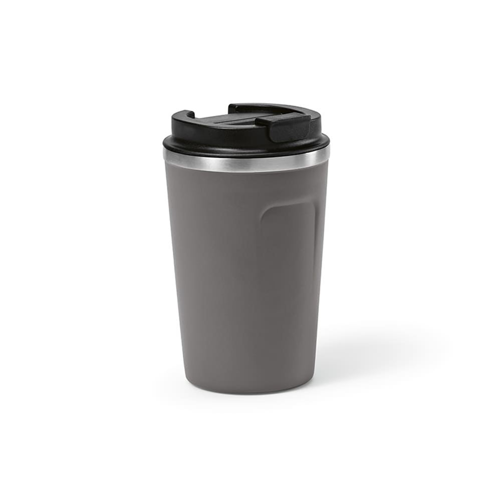 A drink bottle featuring a sleek grey design with a black lid, double wall construction, and a leakproof feature.