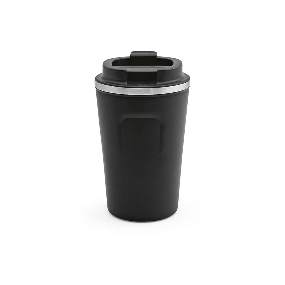 A drink bottle with a matte black finish, double wall insulation, lid, and a stainless steel accent. Features a logo.