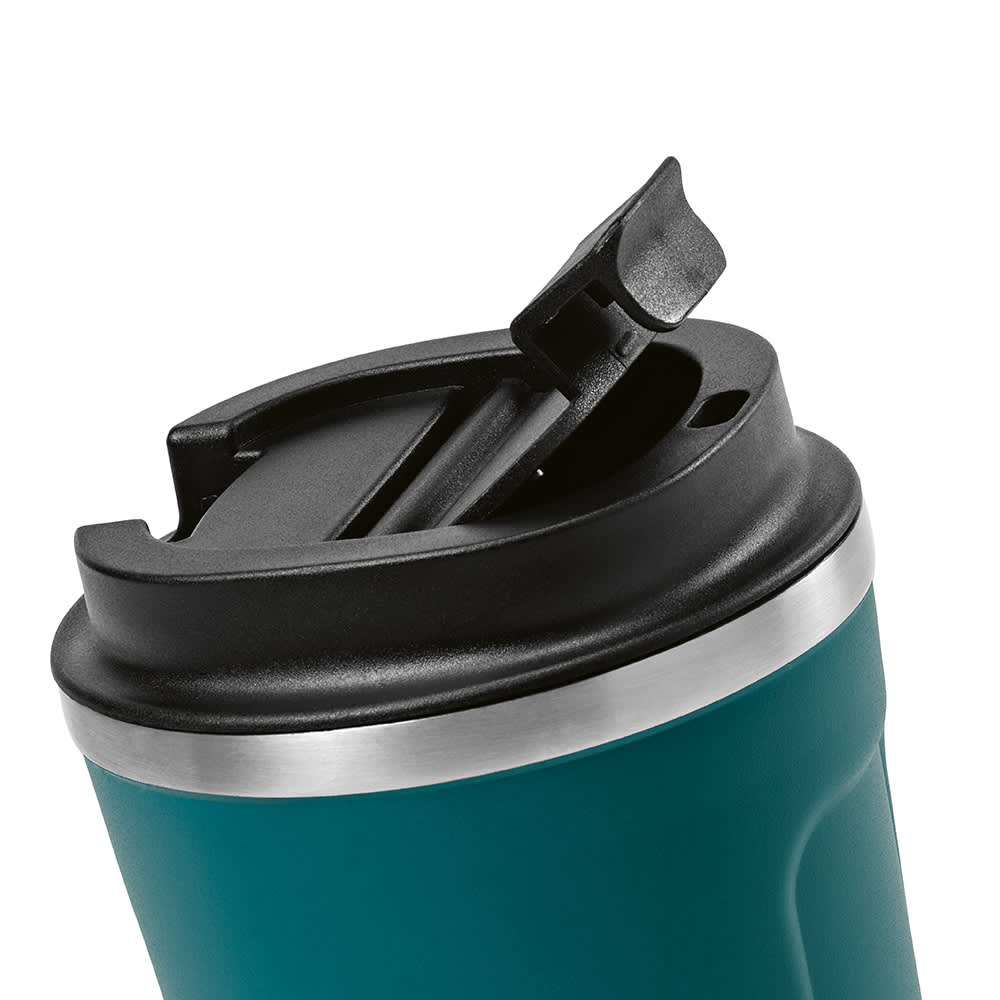 A drink bottle with a teal body, double wall design, and a black, leakproof lid featuring an opening for sipping.