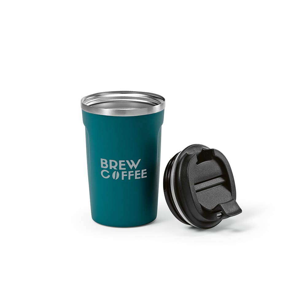 A drink bottle featuring a teal double wall design with a black leakproof lid and a logo.