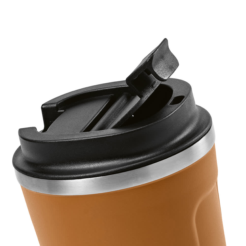 A drink bottle with a brown body and black lid, featuring a silver band and a logo. Double wall and leakproof design.