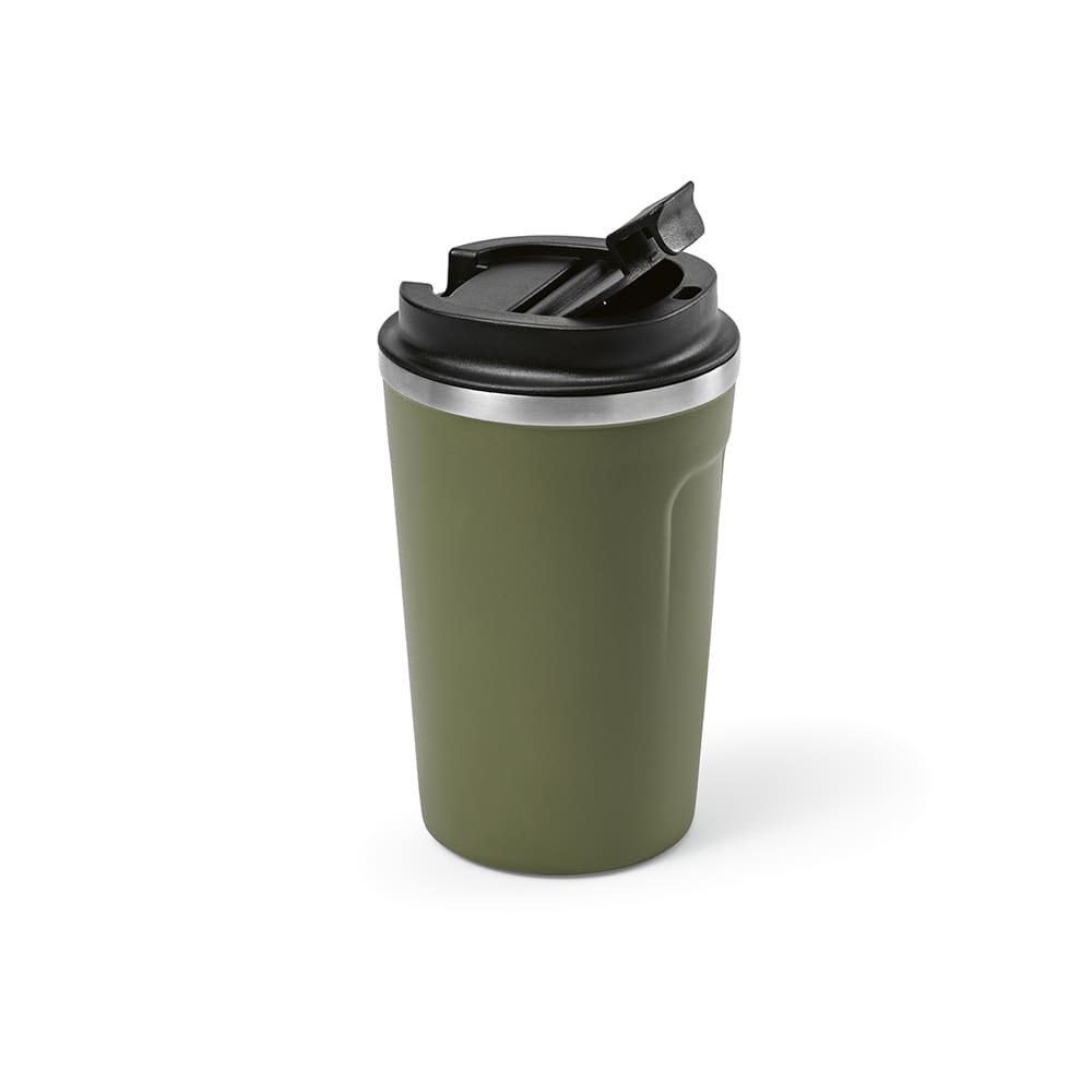 A drink bottle in olive green with a black lid and a silver band, featuring a logo. Double wall and leakproof design.