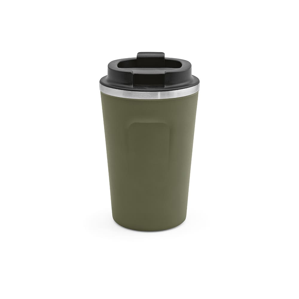 A drink bottle with a double wall, leakproof design, in olive green with a black lid and a logo.