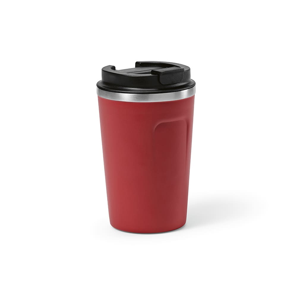A drink bottle featuring a red double-wall design with a black lid, equipped with a leakproof feature and logo.