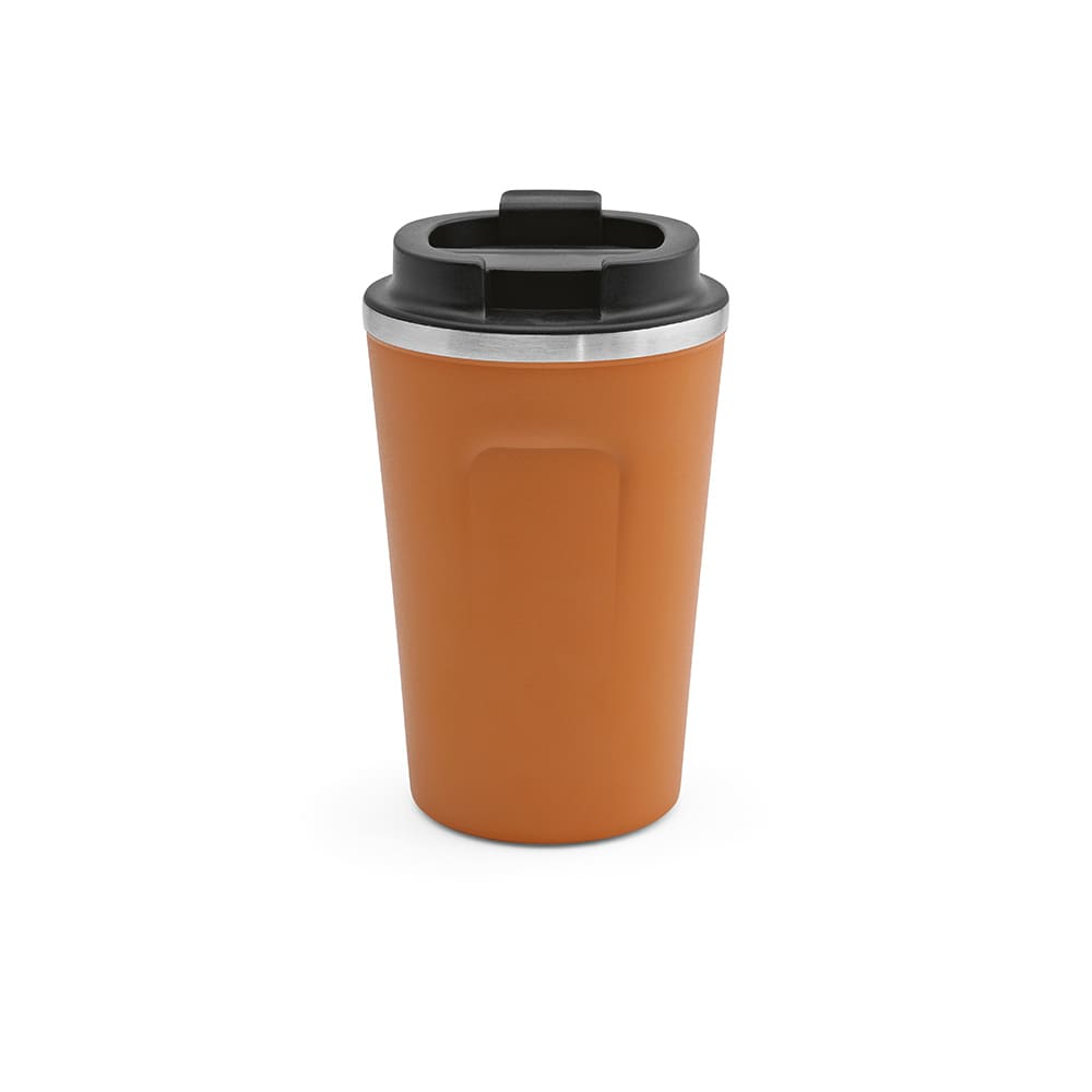 An orange travel cup with a double wall, a black lid, and a stainless steel band. It features a logo.