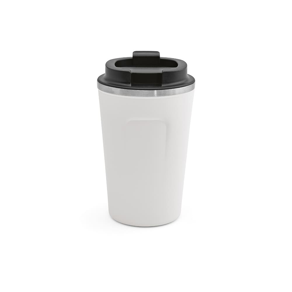 A drink bottle featuring a white body, black lid, double wall design, and a leakproof feature. It has a branding logo.