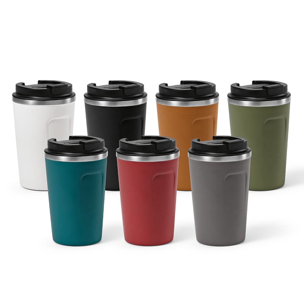 A drink bottle collection featuring eight double-walled, leakproof cups in various colours, each with a black lid.