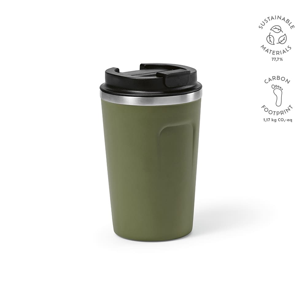A drink bottle in olive green with a black lid, featuring a stainless steel rim and a logo.