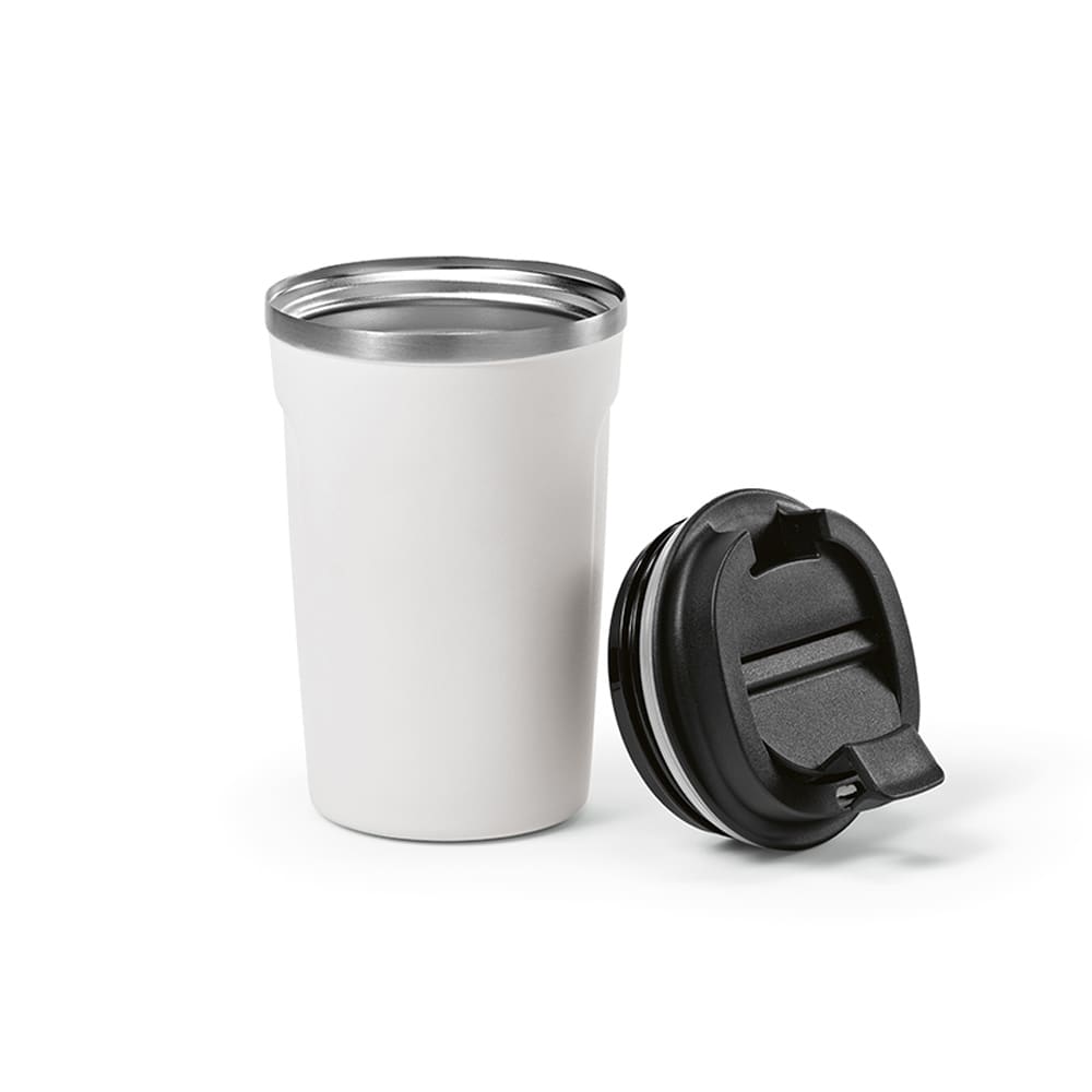A drink bottle featuring a white double wall design with a black leakproof lid and a branding logo.