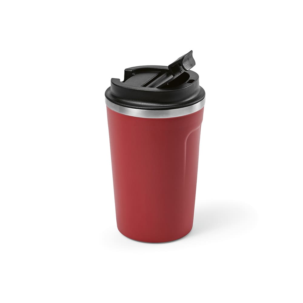 A drink bottle in red with a black lid, featuring a double wall and a leakproof design. It has a logo.