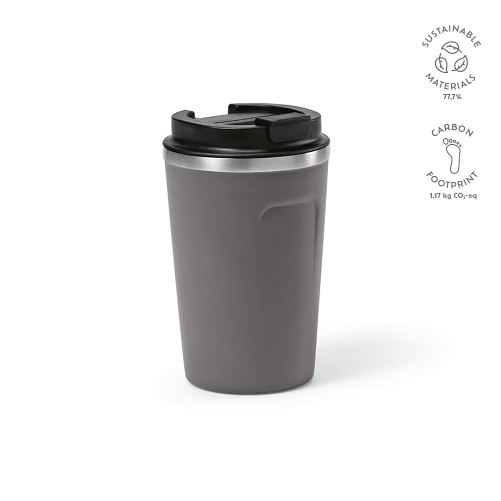 A drink bottle in dark grey with a black lid, featuring a double wall and a logo.