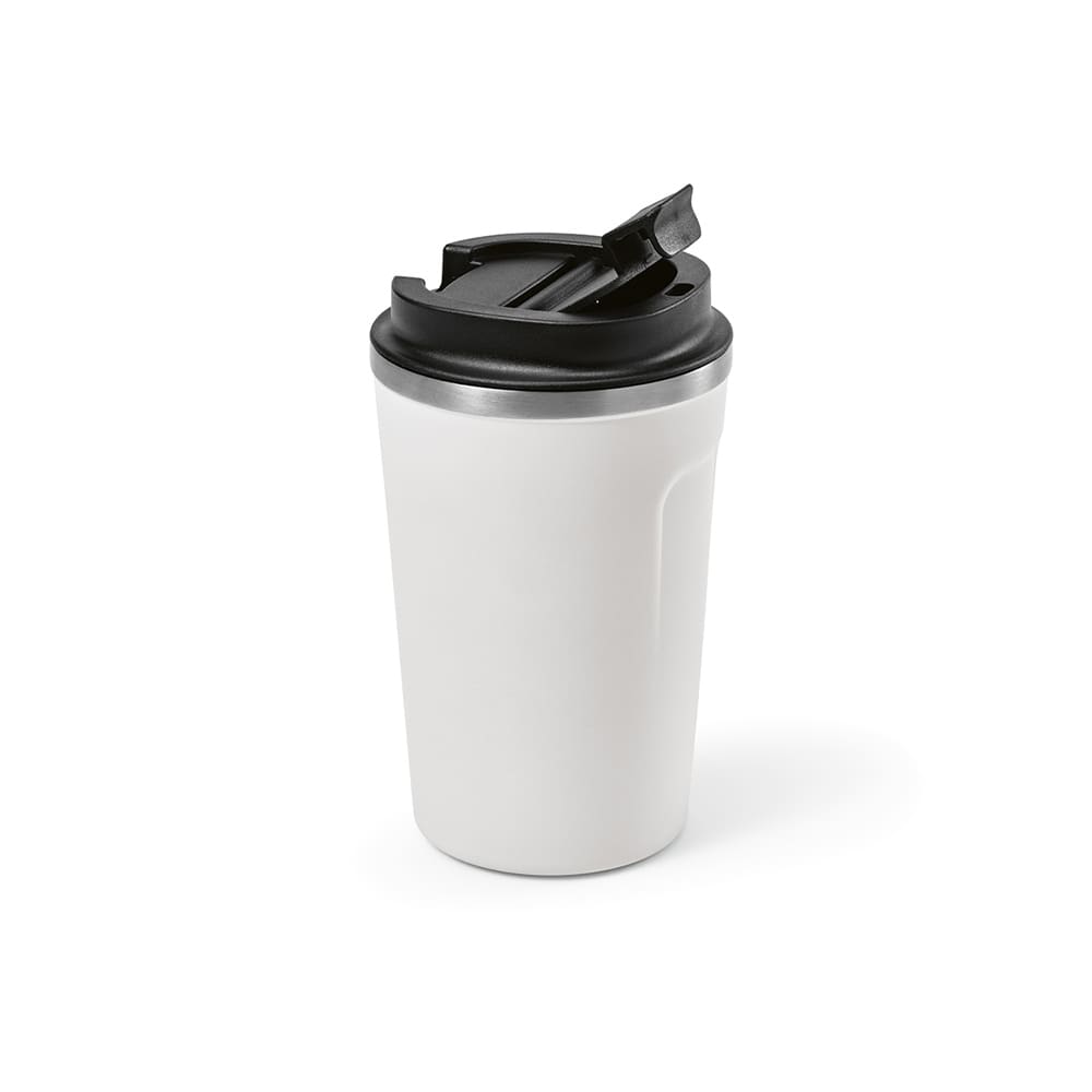 A travel cup with a double wall, featuring a sleek white body and a black lid. It has a logo on the side.