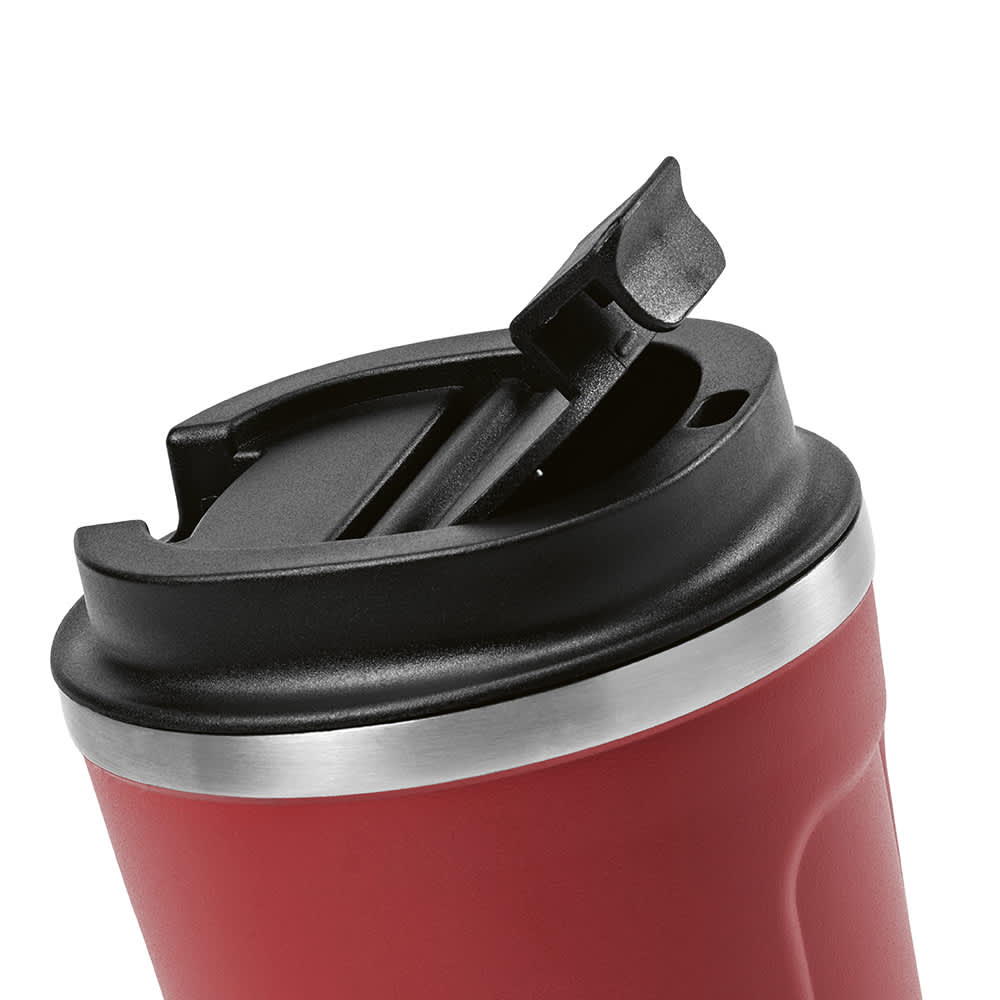A drink bottle with a red exterior, double wall, stainless steel rim, and a black leakproof lid.