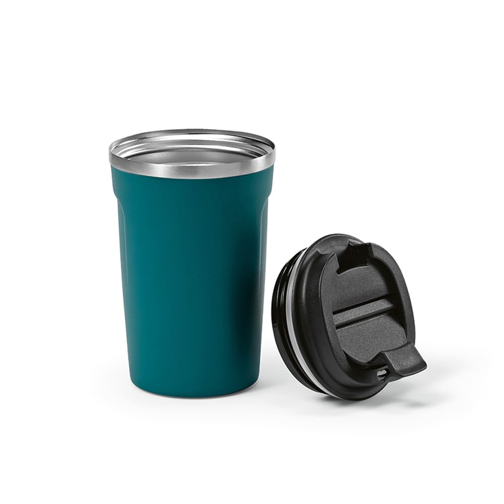 A drink bottle in teal with a silver rim, featuring a leakproof black lid and a double-walled design.