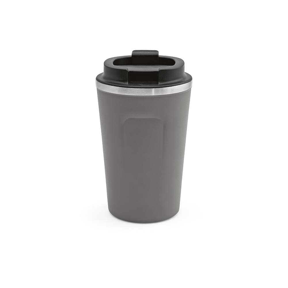 A drink bottle in grey with a double wall and leakproof design. Features a silver band and a lid.