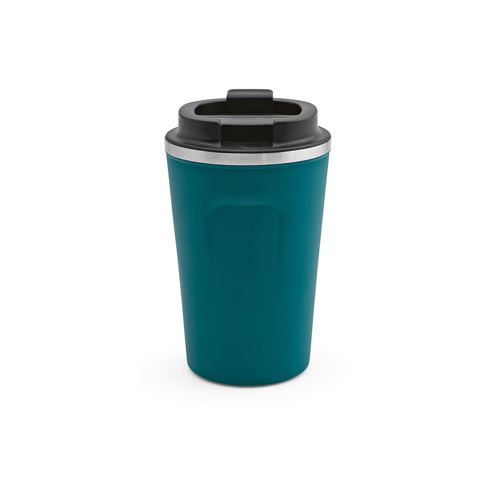 A drink bottle in teal with a double wall, leakproof design, and a black lid. It has a branding logo.