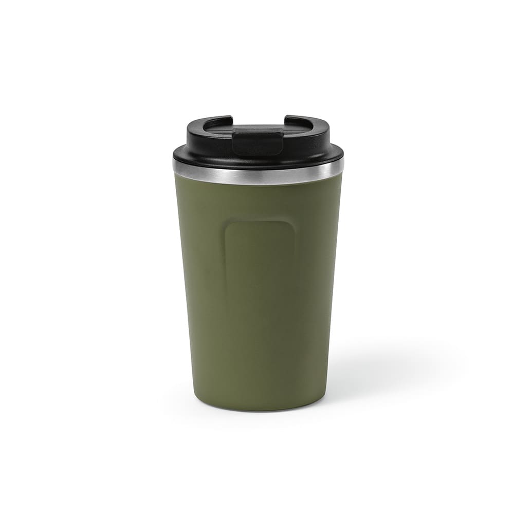 A drink bottle in olive green with a black leakproof lid and stainless steel trim. It features a logo.