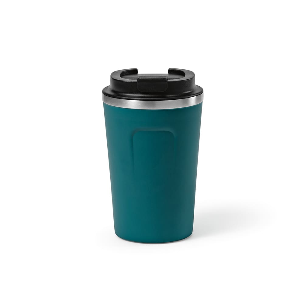 A drink bottle in teal with a black lid, featuring a double wall and leakproof design. It includes a logo.
