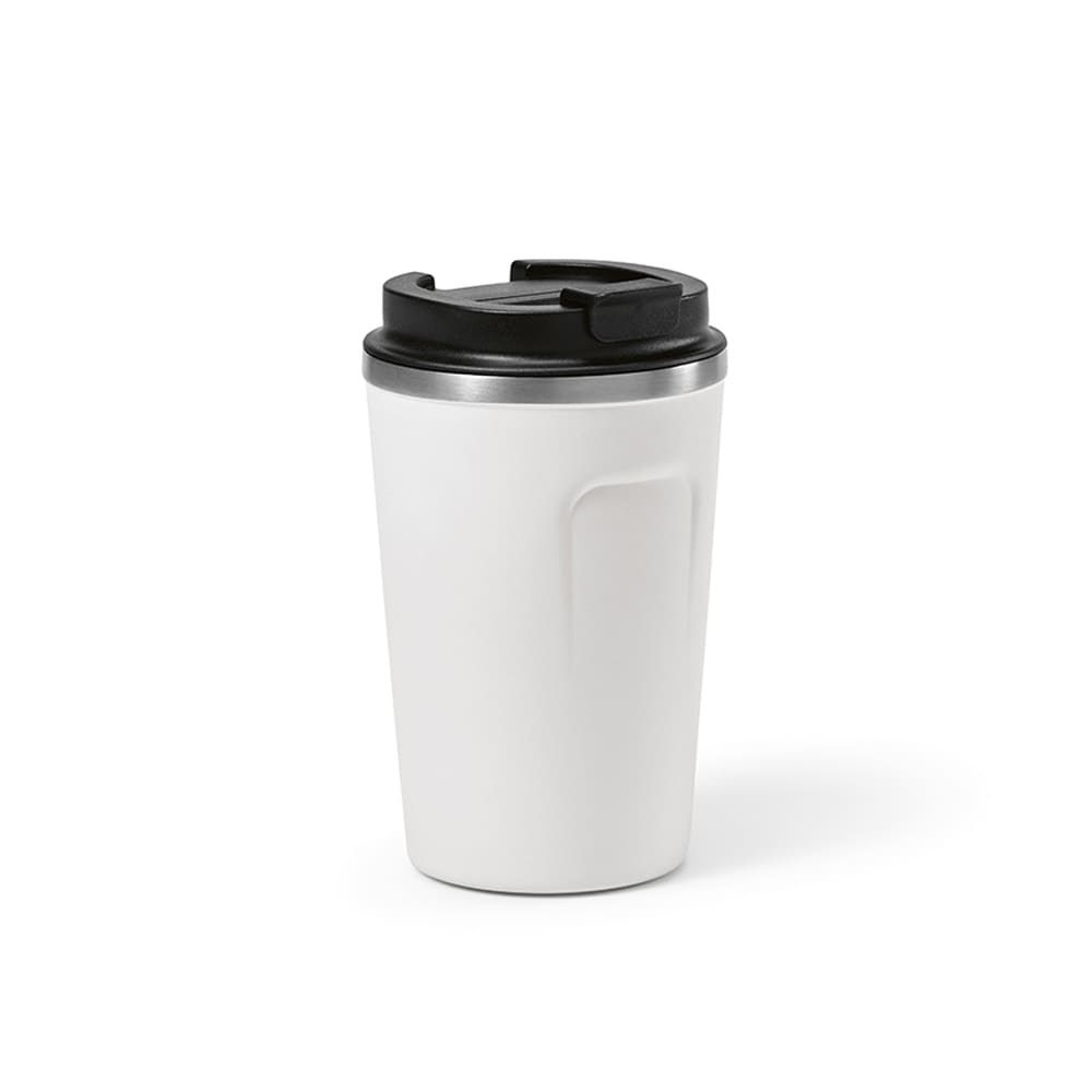 A drink bottle in white with a black lid, featuring a double wall and a leakproof design. It has a logo.