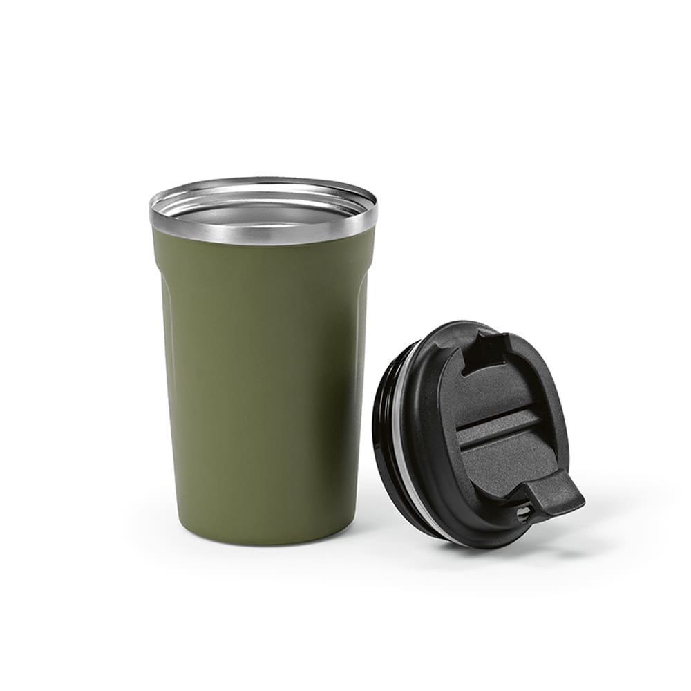 A drink bottle in olive green, featuring a double wall design and a black leakproof lid. It has a logo on the side.