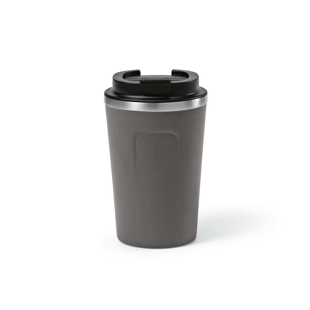 A drink bottle in grey with a black lid. It features double wall insulation and is leakproof. A logo is present.