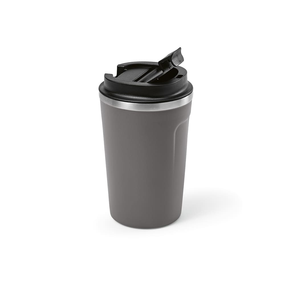A drink bottle in grey with a black lid, featuring a double wall and leakproof design. It has a logo.