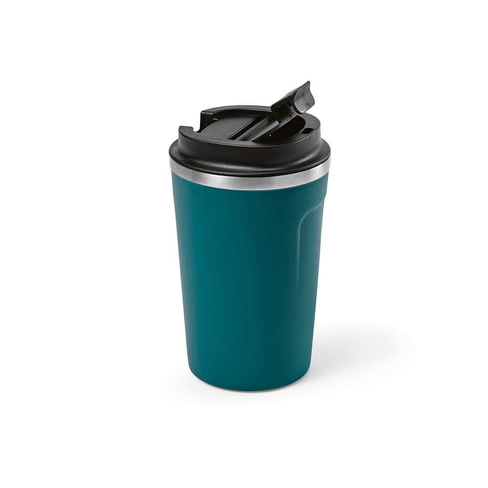 A drink bottle in teal with a black lid and a silver band, featuring a logo. Double wall and leakproof design.