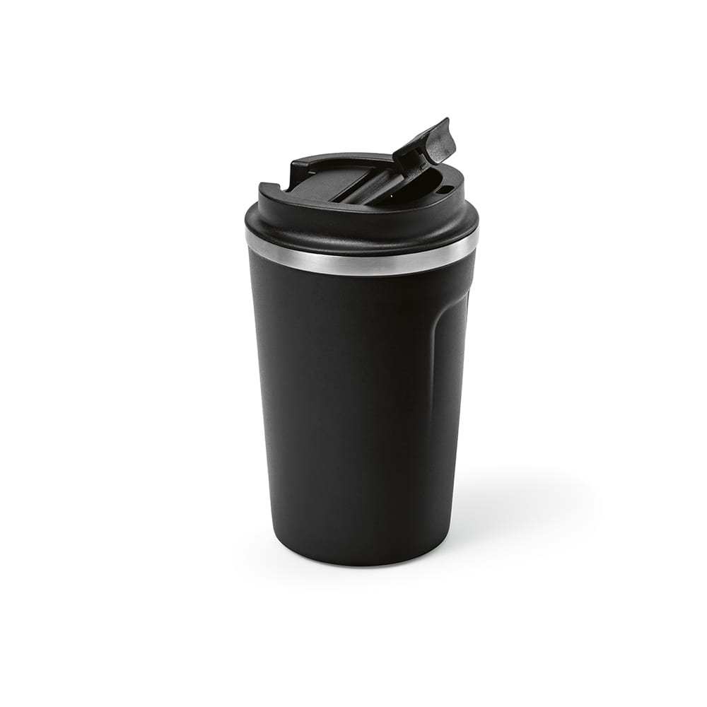 A drink bottle featuring a black exterior, double wall design, and a leakproof lid, with a metallic band.