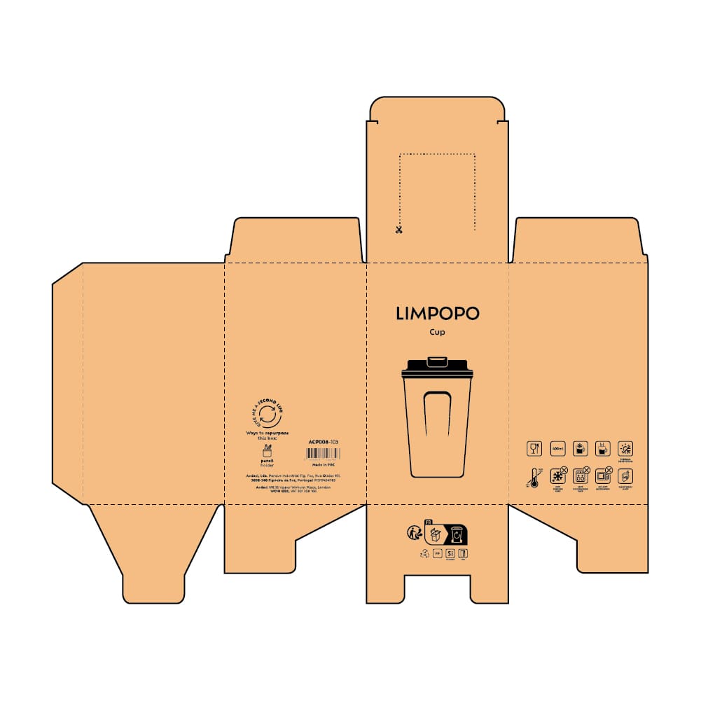 A drink bottle packaging design featuring a double-wall, leakproof travel cup in an orange box with a logo.