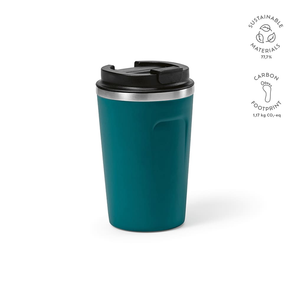 A drink bottle in teal with a black lid, featuring a double wall and leakproof design. It has a logo on the side.