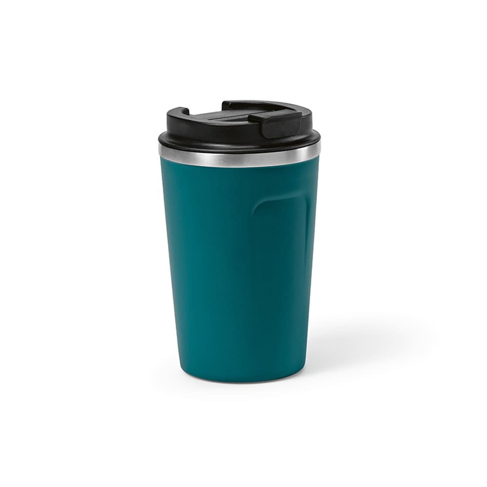 A drink bottle in teal with a black lid and a stainless steel band, featuring a logo on the side.