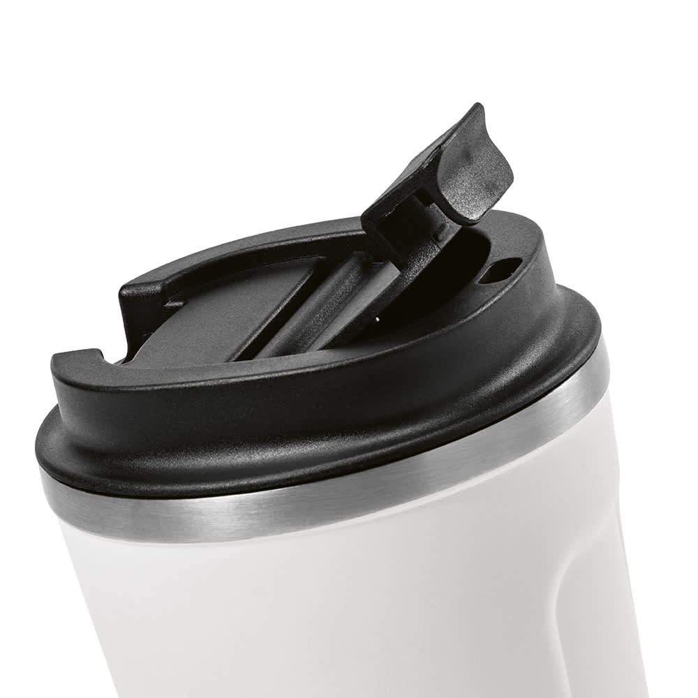 A travel cup with a sleek design featuring a black lid and a stainless steel accent. It has a logo on the surface.