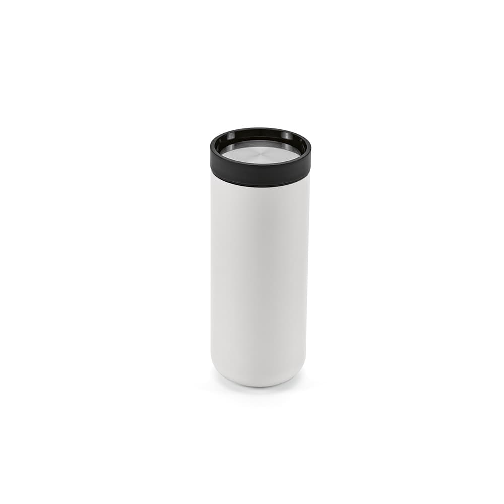 A drink bottle with a white body and black lid, featuring double wall insulation and a 360º push lid design.